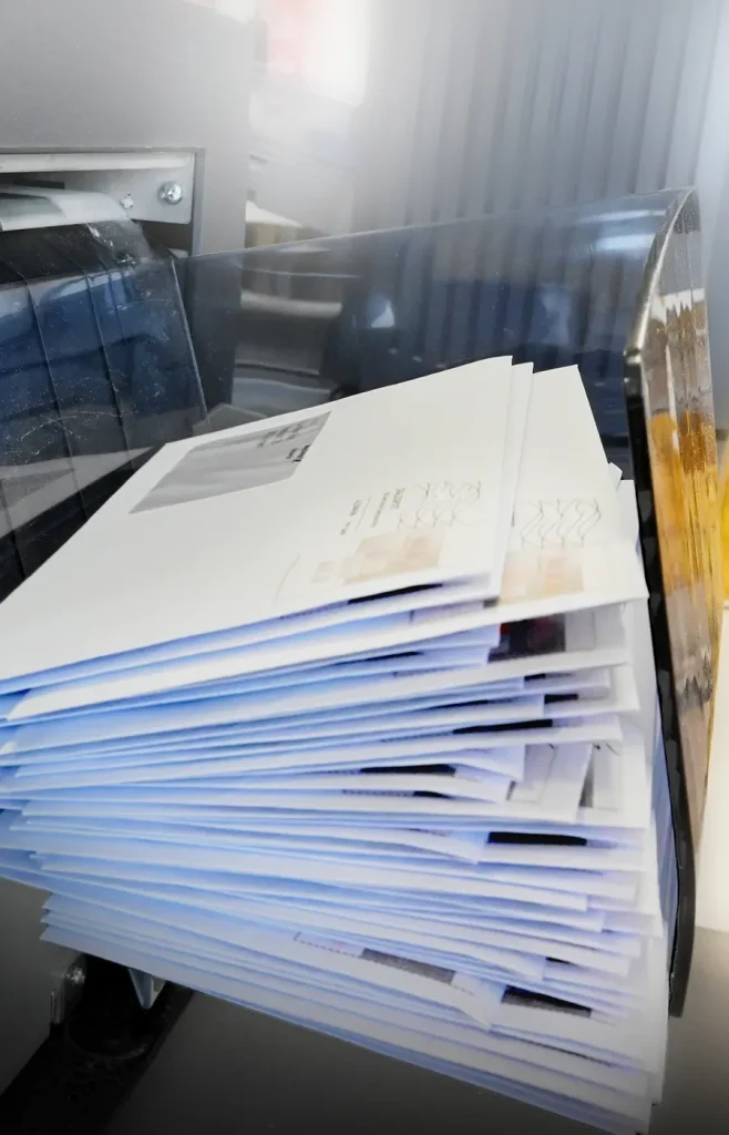Direct mail items being labelled and prepared for dispatch by FPS