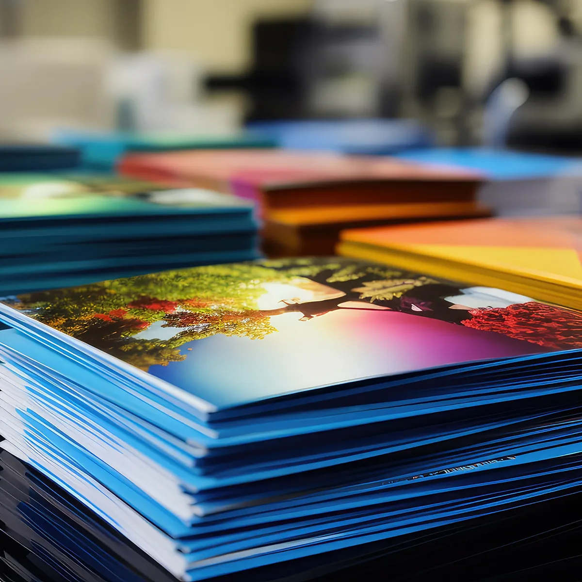 Stack of colourful printed marketing materials produced by FPS