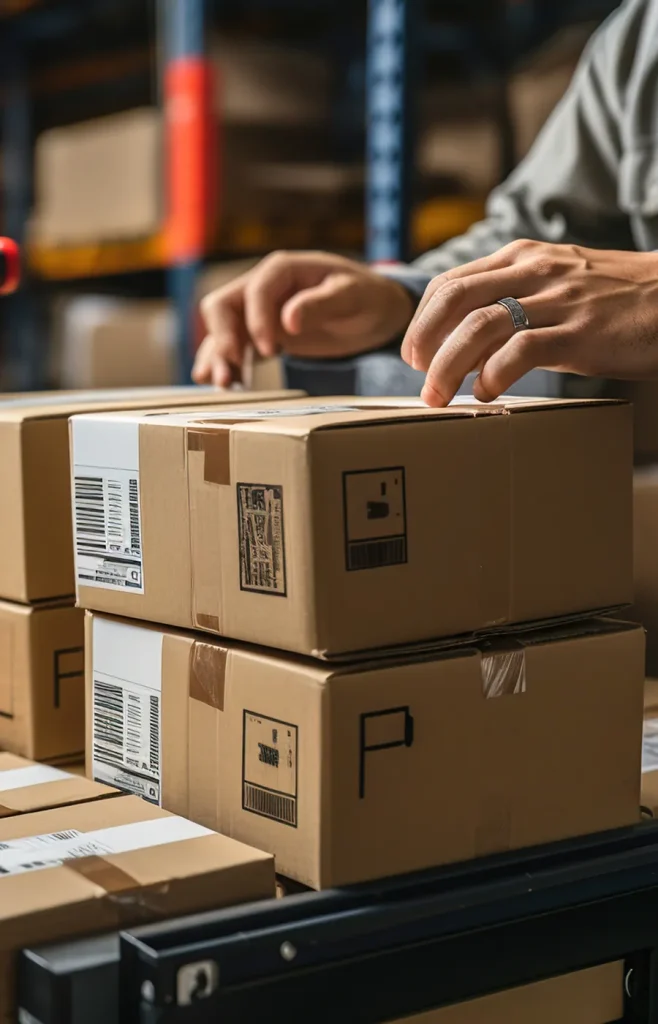 Warehouse worker packing a parcel for FPS fulfilment and distribution services